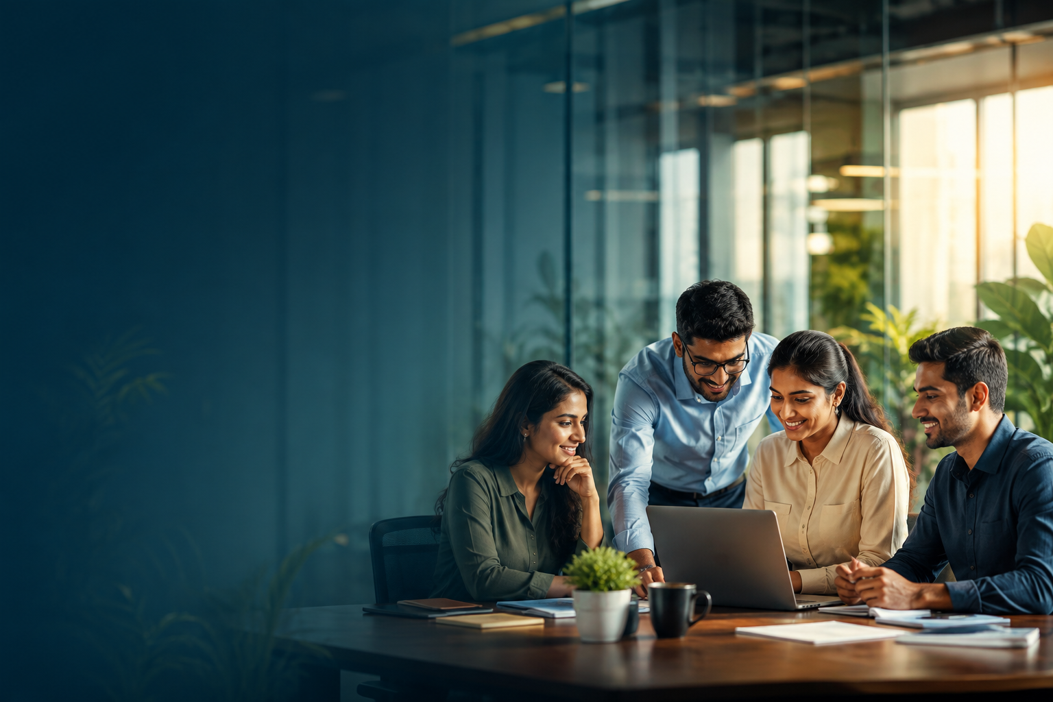 Colleagues collaborating in a modern workplace